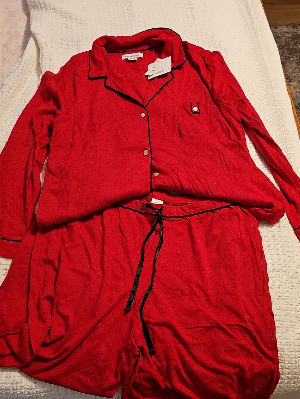 Liz Claiborne Red Long-Sleeve & Pants Pajama Set with Black Trim